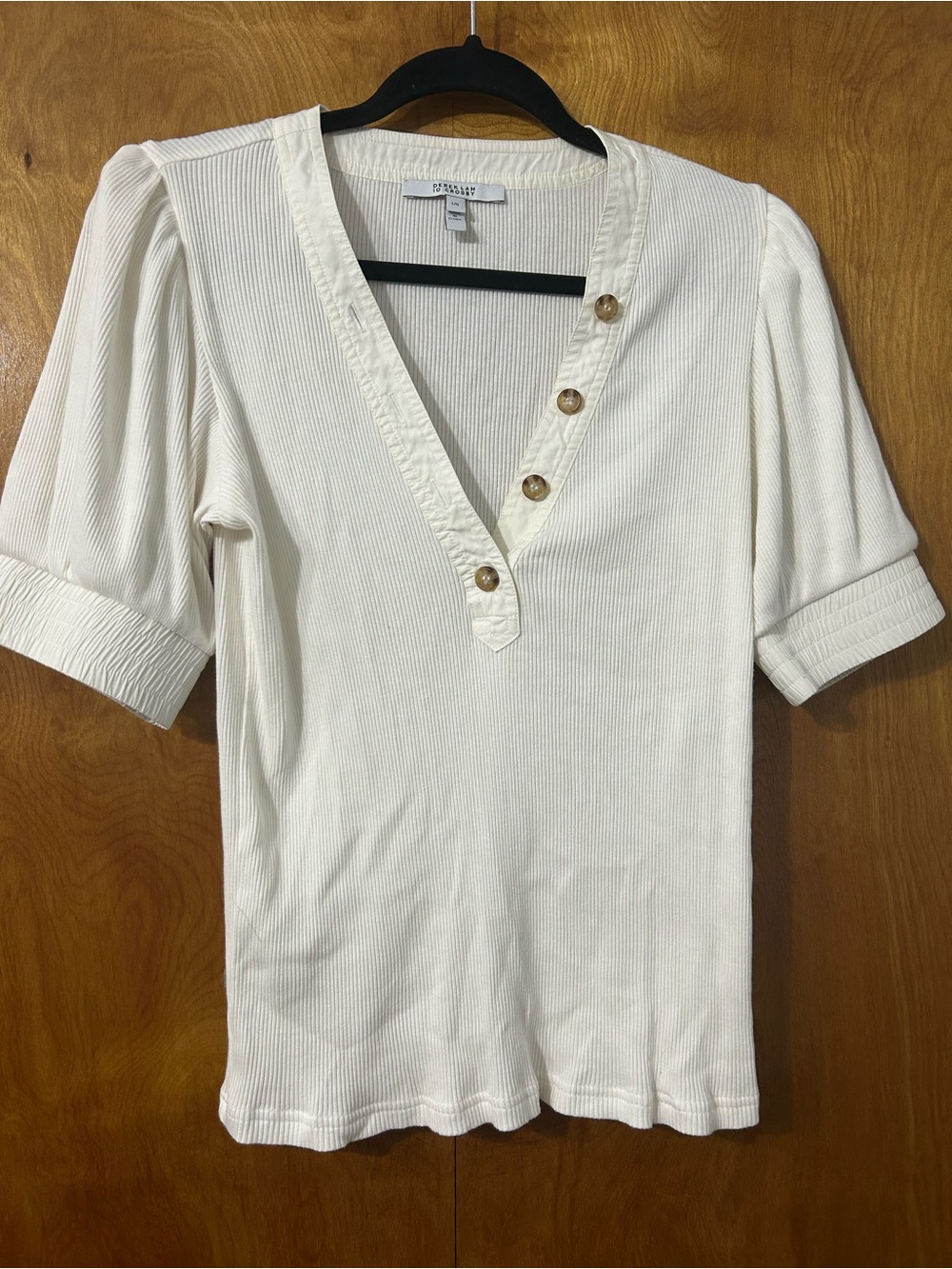 10 Crosby Derek Lam Cream Ribbed V-Neck Short Sleeve Top with Button Placket
